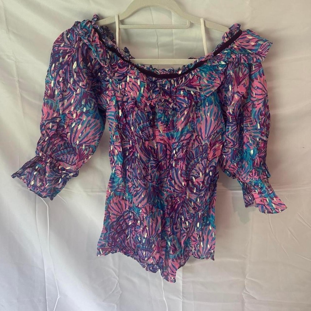 Lilly Pulitzer Pink Blue Seashell Gold Metallic Silk Ruffle Off Shoulder Top